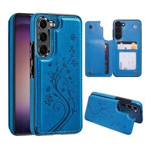 Samsung Galaxy S24 Wallet Phone Case with Card Holder, Butterfly Flower-Blue